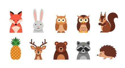 Fototapeta premium Cartoon forest animals and pineapple in flat vector illustration