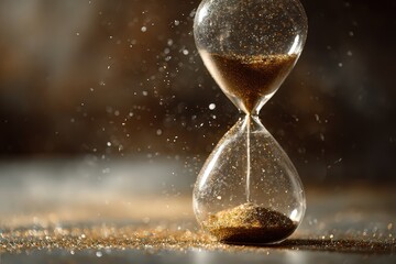 Golden Glittering Hourglass on Mottled Surface with Bokeh Effects Against Dark Backdrop in Atmospheric Time Concept Optimized for Adobe Stock Photo