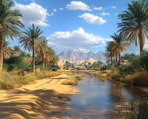 Oasis river snakes through sand dunes under blue sky, framed by palms