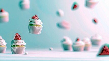 Several cupcakes with white frosting and strawberry toppings are suspended in mid-air against a soft blue background.