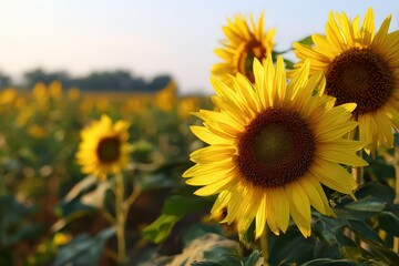 Golden Yellow Sunflowers in a Field at Sunrise with Warm Sunlight and Dewdrops on Petals Detailed Floral Macro Photography