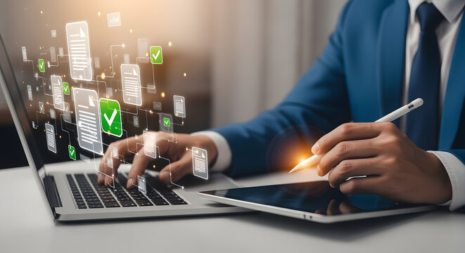 Streamline workflow with digital document management and automation using laptop and tablet for modern professional efficiency and productivity gains