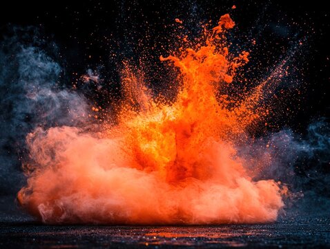 Orange pigment erupts against a dark backdrop, forming smoke and particles