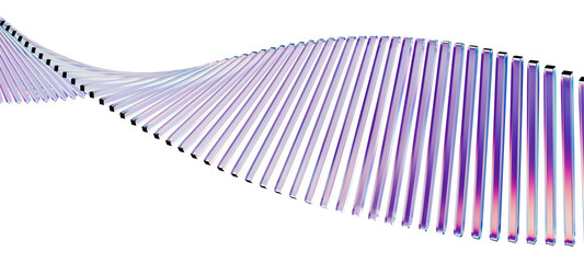 Dynamic abstract wave of translucent glass bars in violet-blue tones on white background. Modern futuristic design perfect for branding, tech visuals, presentations and digital art projects.