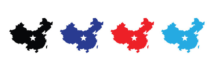 Diverse color silhouettes of the map of china with a white star in the center, symbolizing patriotism, identity, and national pride, isolated on white. isolated on white background