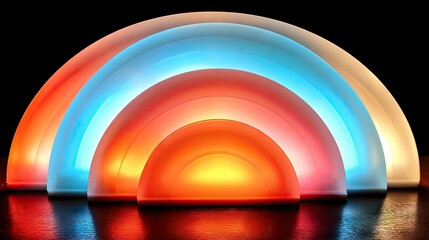 A close-up of four translucent, glowing lamps shaped like rainbow arcs, emitting warm red, orange, and cool blue and white light.
