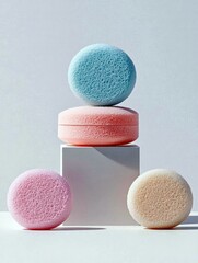 Four round, porous sponges in pastel blue, pink, and beige are artfully arranged on a white surface against a soft blue background.