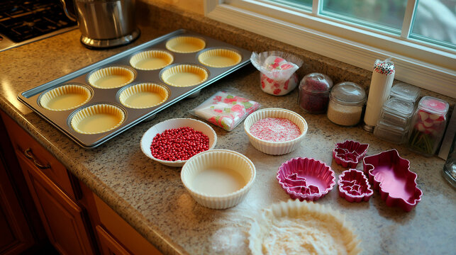 Baking preparation scene with cupcake batter, sprinkles, cookie cutters and ingredients arranged on a kitchen countertop