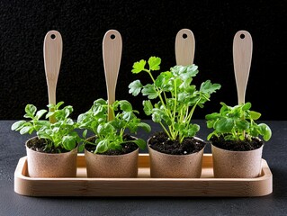 Four small green plants are growing in biodegradable pots on a wooden tray, each with a wooden plant marker inserted into the soil.
