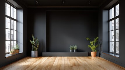 Minimalist Black Room with Wooden Floor and Potted Plants Near Windows Light from Large Windows Minimalist Aesthetic Interior Design with Neutral Tones