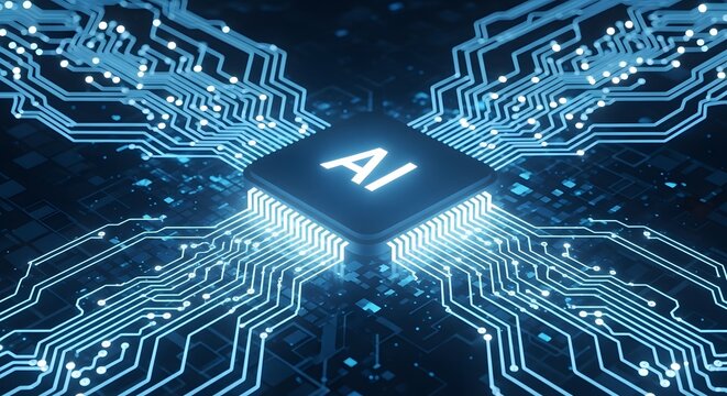 Glowing AI Chip on a Futuristic Circuit Board.