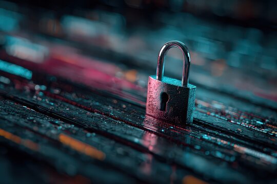 Metallic Padlock on Dark Abstract Background with Blue and Red Hues