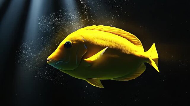 Cinematic close-up of a vibrant yellow tang fish swimming in deep dark water with dramatic light rays and floating bubbles, perfect for ocean ecology and environmental themes.