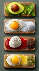 Four wooden boards are arranged vertically, each showcasing a different food preparation or ingredient.