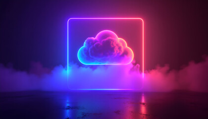 Dynamic neon cloud icon glows in vibrant pink and blue, perfect for a tech startup or modern cloud computing business with a forward-thinking brand identity
