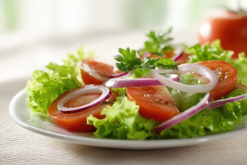 Fresh Salad with Green Lettuce Red Tomato and Purple Onion Rings on White Plate in Bright Kitchen Lighting Healthy and Nutritious