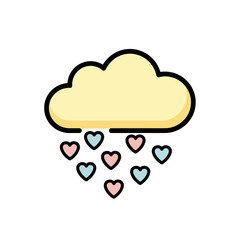 A cartoon-style illustration of a yellow cloud with a black outline raining pastel pink and blue hearts on a white background.
