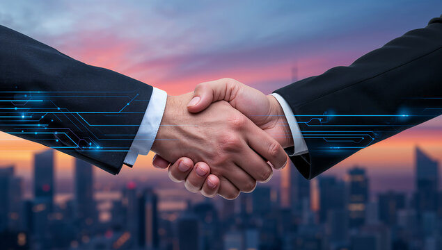 Business handshake with digital circuit overlay over a city skyline at sunset