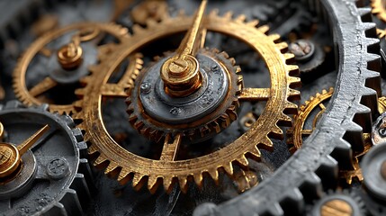 A closeup perspective of intricate clockwork gears, showcasing the complex mechanism and golden hues, revealing the beauty of timekeeping and engineering precision