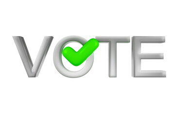 a 3D graphic with the word VOTE in large, white, bold capital letters.