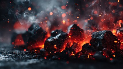 Glowing Charcoal Embers with Orange and Red Hues and Smoke Effect
