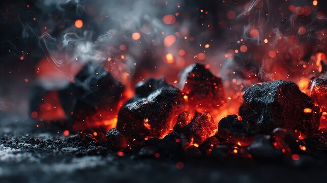 Glowing Charcoal Embers with Orange and Red Hues and Smoke Effect