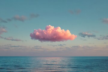 Pink Cloud Floating Above Rippled Ocean Under Pale Blue Sky Creating Serene Atmosphere
