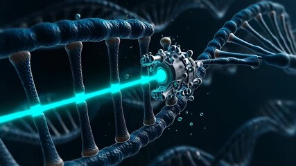 Futuristic nanobot repairing a blue DNA double helix with a neon laser beam in a cinematic 3D animation, illustrating advanced CRISPR gene editing technology
