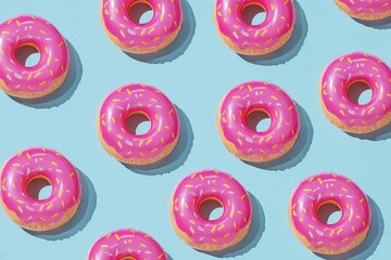 Pink Glazed Doughnuts Arranged on Light Blue Background With Sprinkles and Shadows