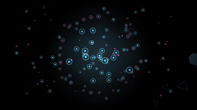 Abstract dark background with glowing cyan and magenta particle clusters and geometric shapes suggesting digital data flow or space