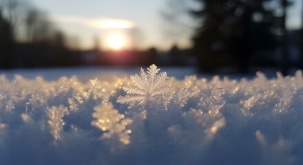 Close up of frost crystals sparkling in the golden sunrise light.