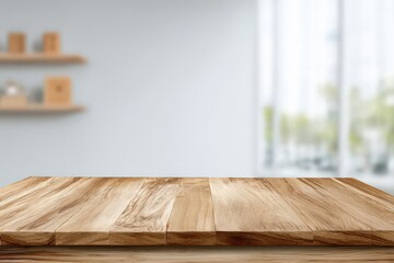 Rustic Wooden Table Surface Against Blurred Room with Windows Background
