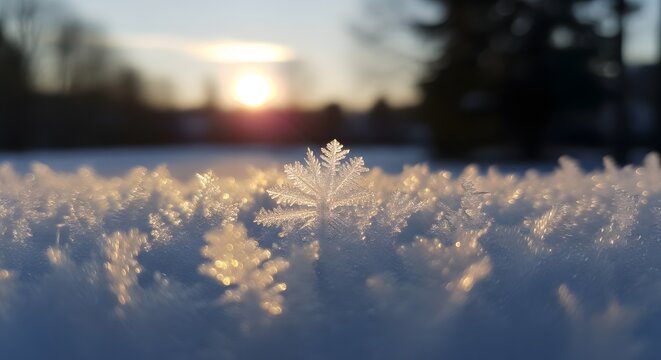 Close up of frost crystals sparkling in the golden sunrise light.