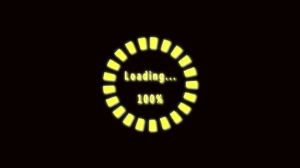 Yellow Circular Loading Bar Showing 0 to 100% Percent Complete On animation Black Background progress circle.Progress bar fully loaded at 100%, animated UI element, completion indicator, and motion