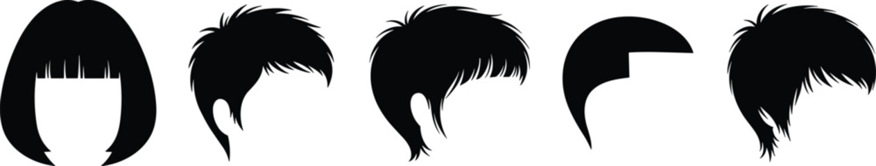 Obraz premium Five black silhouette hairstyles on white background vector
