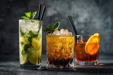 Three Colorful Cocktails on a Dark Surface Featuring Mint Garnish Lime Slices and an Orange Peel on a Textured Gray Background