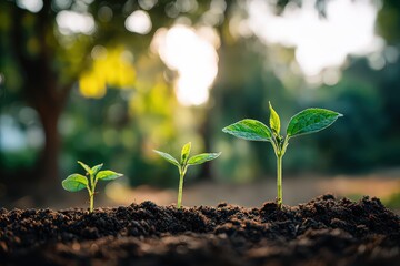 Three Young Plants Emerging from Soil with Sunlight Illuminated in Nature