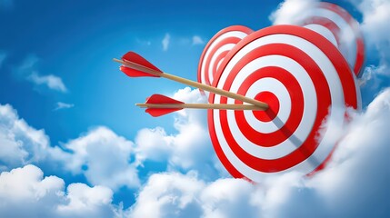 Three Red And White Targets With Arrows Piercing Through Clouds And Blue Sky Background