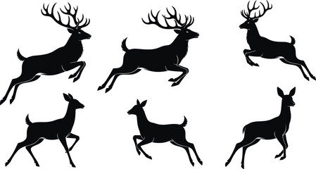 Six black deer silhouettes in various running and jumping poses on white background