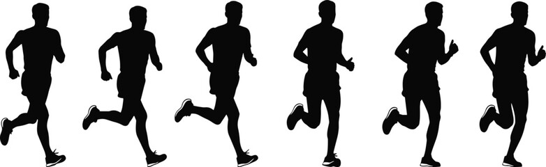 Six black male runner silhouettes in motion on white background running
