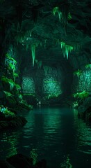 Mysterious emerald cave with illuminated stalactites and reflective water