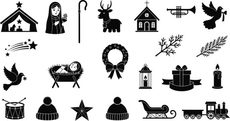 Collection of black and silhouette icons representing christmas and nativity themes