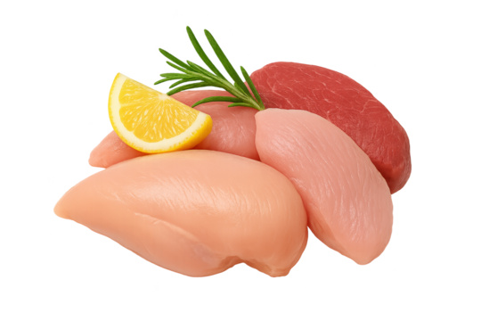Fresh raw chicken breasts and lean beef steak with lemon wedge and rosemary sprigs