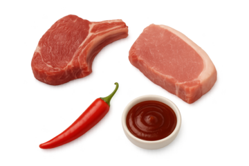 Assorted raw steak pieces with red chili pepper and small bowl of dipping sauce