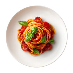 Spaghetti with Tomato Sauce and Fresh Basil on White Plate Isolated on Transparent Background