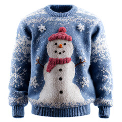 Blue Knitted Christmas Sweater with Snowman Design Isolated on Transparent Background
