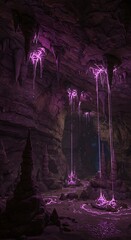 Mysterious glowing cave formation with dramatic lighting and abstract elements