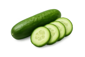 Fresh cucumber with several round slices laid beside whole cucumber on transparent background