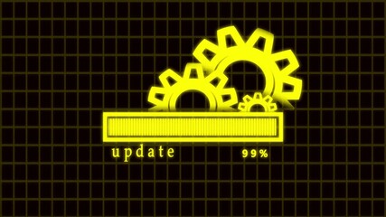 Yellow Update Bar with Gears and 0 to 100% Percent Complete on Grid animation Background .Animated yellow progress bar with moving gears from 0 to 100%, loading indicator, grid interface, and glowing