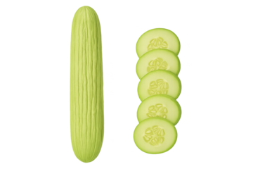 Pale green long cucumber with several round slices beside